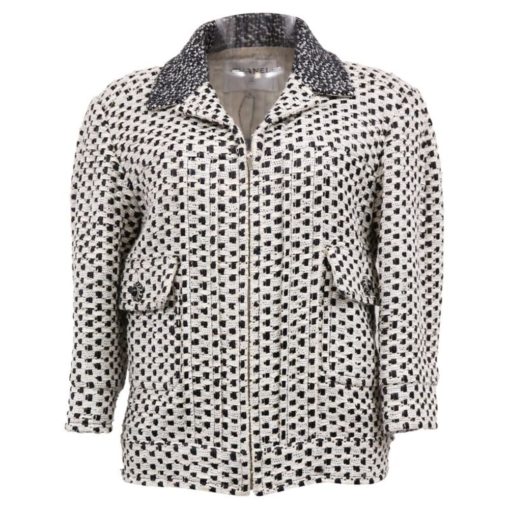 Chanel Polka Dot Zipped Jacket in Black And White Cotton Tweed